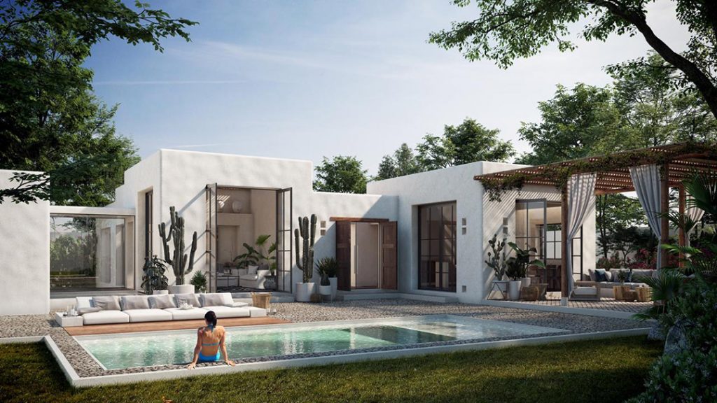 Render 3D de casa ibicenca con piscina en ambiente tropical.